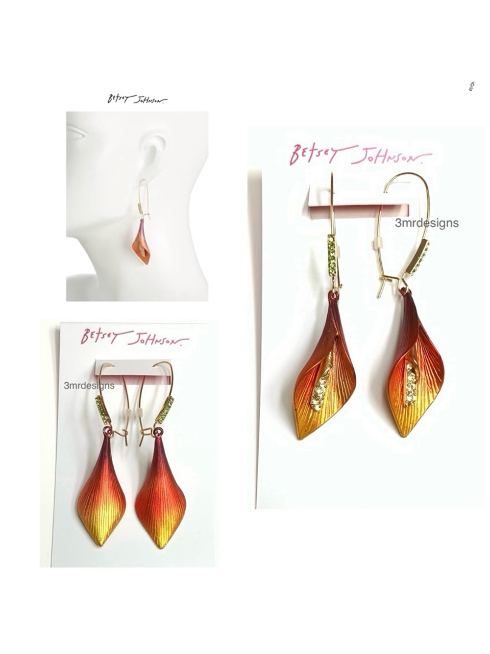 NWT Betsey Johnson 💋CALLA LILY Gold Tone Glass Stone Metallic Ombré Earrings
